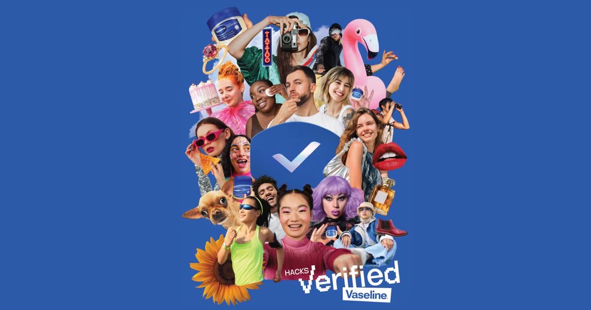 Collage of diverse faces, dog, flamingo and Vaseline products around a blue checkmark on blue background, with HACKS verified Vaseline